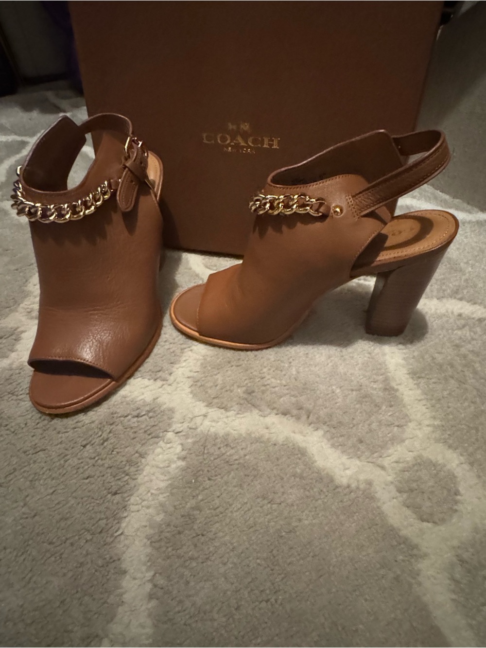 Coach Brown Leather Open-Toe Slingback Heels with Gold Chain Accent